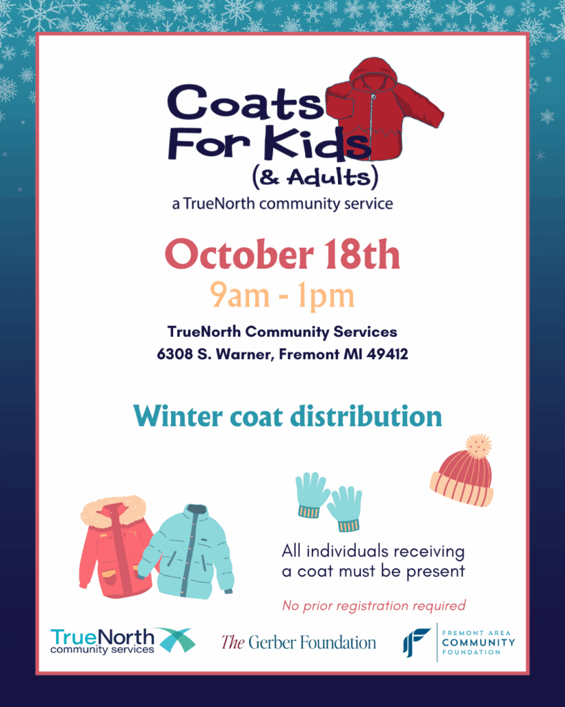 graphic featuring winter coats and hats sharing about Coats for Kids 2025 event